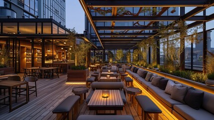 Fototapeta premium Japandi rooftop garden with raised planters, bamboo fencing, and lounge seating
