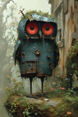 A mechanical owl with red eyes stands in greenery, a fusion of nature and machine.