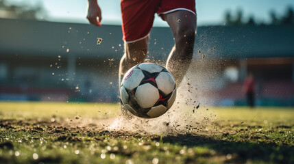 Close-up of a Leg in a Boot Kicking Football Ball. Professional Soccer Player Hits Ball