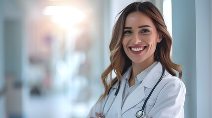 female doctor standing smiling on background with copy space