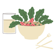 A bowl of salad and a glass of water. Vector illustration in flat style with breakfast theme. Editable vector illustration.