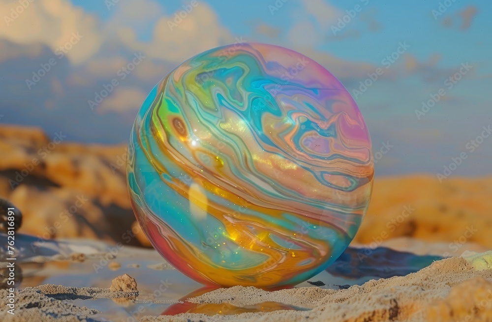 Poster a multicolored marble in the sand with a blue sky in the background and clouds in the background.