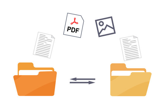 File transfer computer folder to folder. File sharing file exchange File copying and pasting upload and download concept. Transferring Document, Video, image and PDF Files, data backup.