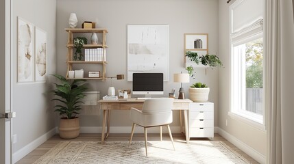 Fototapeta na wymiar Japandi Styled Home Office Home office with a Japandi