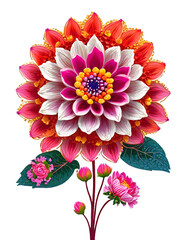 Vibrant Dahlia Flower Illustration on White Background. Dahlia flower with detailed petals and leaves against a clean white background.