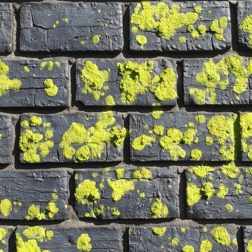 a close up of a brick wall with yellow moss growing on the bricks and the paint peeling off of the bricks.