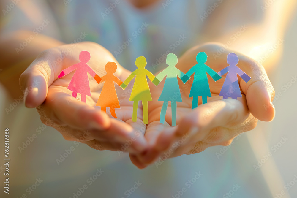 Wall mural hand palms holding paper cuts of people shape with the colors of the rainbow. pride month, inclusion