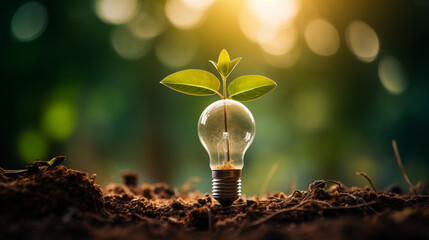 image featuring a white light bulb silhouette on a green background, showcasing sustainable development ideas, with eco-friendly iconography and a light gray color scheme