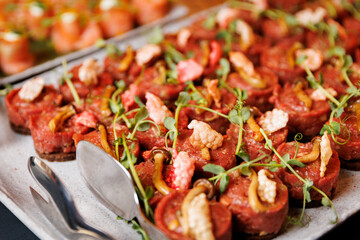 Set of small beef meat tartare.