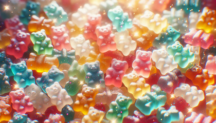 Colorful gummy bears, glitter and sequins