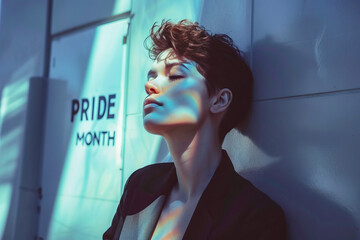 Non-binary gender person posing against wall with eyes closed and rainbow reflection on face. Pride month concept