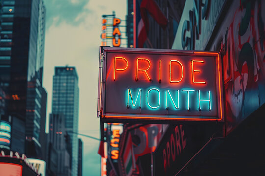 Pride month light sign on city street. LGBT community concept for June, Pride month
