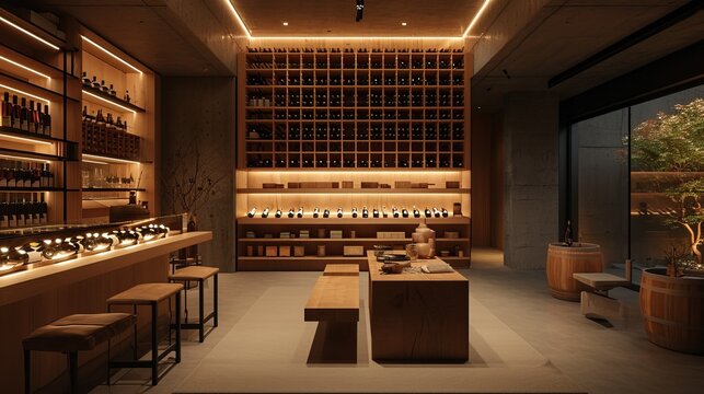 Japandi wine cellar with wooden racks, minimalistic decor, and subdued lighting


