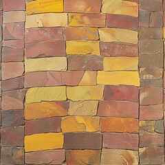 a close up of a brick wall that has been painted yellow, red, and brown with a clock on top of it.