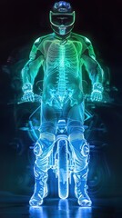 Fototapeta na wymiar Motorcycle and biker's anatomy. Front view of motorcyclists, green and blue X ray motorbike. Hologram