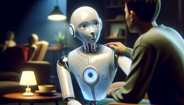 n image capturing a heartfelt moment between a human and a robot, set in a warm and intimate indoor environment