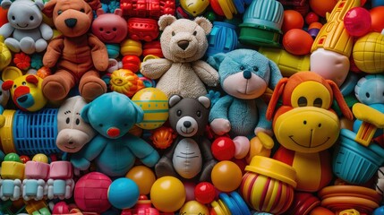 Fototapeta na wymiar pile of Teddy bear and colorful toys background, top view