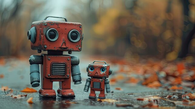 vintage robot toy in the autumn park, retro toned image