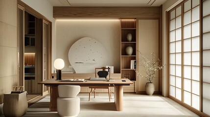 Japandi inspired home office with a low desk sliding