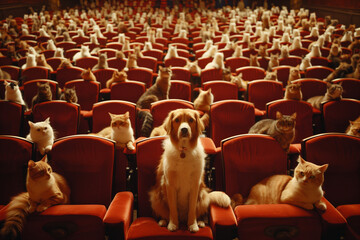 Single Golden Retriever in auditorium full of cats - obrazy, fototapety, plakaty