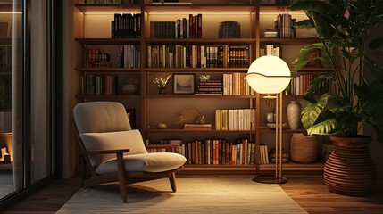 Japandi reading nook with a low chair, wooden bookshelves, and soft lighting - obrazy, fototapety, plakaty