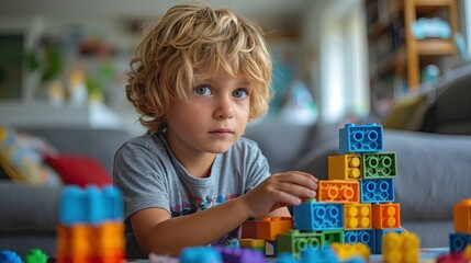 Cute little boy playing with building blocks at home in the living room