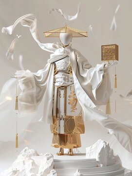 

Golden robot in hanfu stands on the platform, holding an ancient Chinese hat and long silk sleeves. Design of geometric shapes, surrealism. Han Chinese traditional clothing