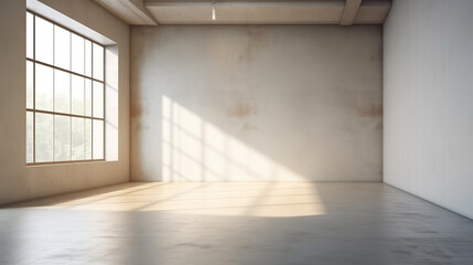 modern empty room interior with concrete walls and concrete floor, with light from windows and skylight