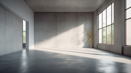 modern empty room interior with concrete walls and concrete floor, with light from windows and skylight