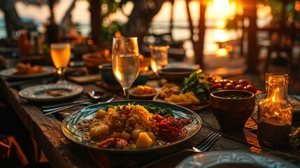 Fototapeta premium A bowl of rice and seafood in a restaurant by the seashore. Thai cuisine.