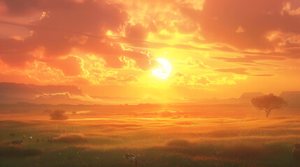 a serene and picturesque sunset over a vast landscape