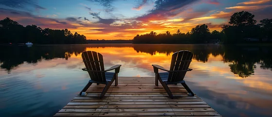 Zelfklevend Fotobehang a wooden dock extending into a calm lake.  © DigitaArt.Creative