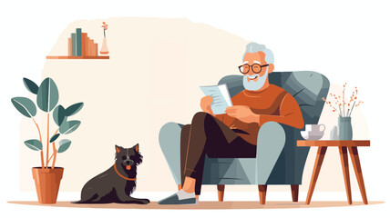 Elderly man sits in chair with cup of tea and reads