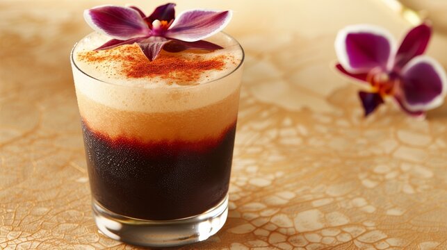 a close up of a drink in a glass with a flower on the top of it and a flower on the side of the glass.