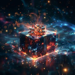 A gift box floating in a starry void ribbons swirling like galaxies