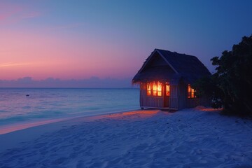 Beachside hut minimalist, colorful beautiful beach