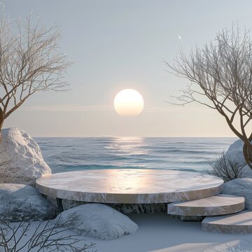 Beach winter scene with an empty podium 3D Blender minimalist design
