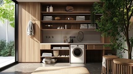 Laundry room with Japandi aesthetics, wooden shelving, and concealed appliances