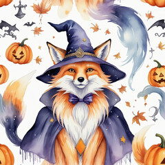 Halloween Spooky wizard fox in watercolor style isolated on white background, Halloween animal and pumpkins watercolor 