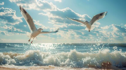 Seagulls soaring above sandy shores waves gently crashing - obrazy, fototapety, plakaty