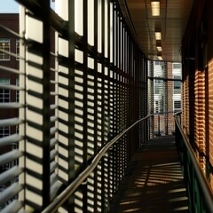 a view of a long hallway with blinds on the side of the wall and windows on the other side of the wall.
