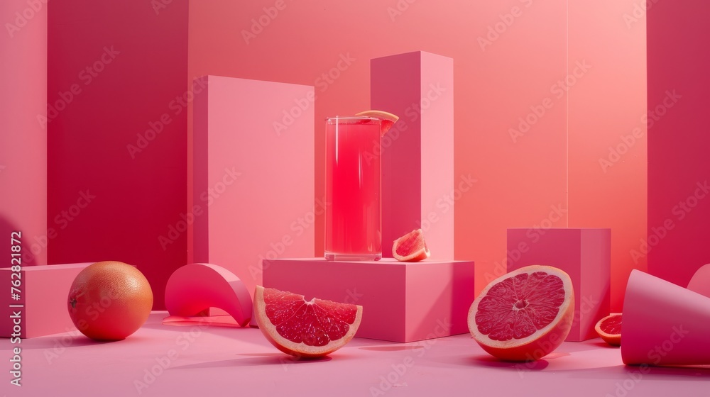 Poster a grapefruit and a grapefruit cut in half in front of a pink background with geometric shapes.