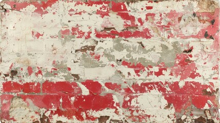 a piece of red and white paint on a white and red brick wall with peeling paint on the side of it.