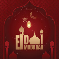 Eid Mubarak or Ramadan Kareem dark red luxury greeting card and social media post template.