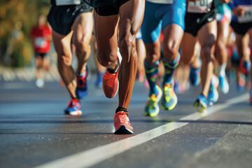 Athletes wearing footwear and active shorts running marathon on asphalt road - Powered by Adobe