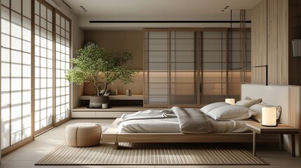 Fototapeta na wymiar Modern bedroom with Japandi aesthetics, sliding doors, and a neutral color scheme
