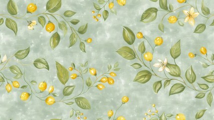 a close up of a wallpaper with flowers and leaves on a light green background with a blue sky in the background.