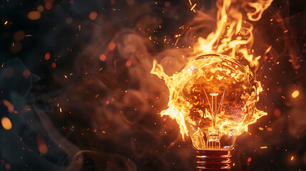 a glass light bulb enveloped in intense, fiery flames against a dark backdrop