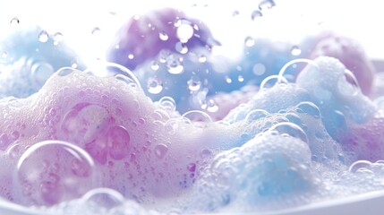 A bubbly scene of soap suds and bubbles contained within a tub, isolated on white for clarity