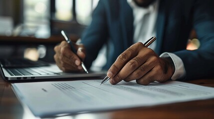 A businessman engaging in the validation and management of business documents, including the signing and approval of contracts and warranties, highlighting the formalities of business agreements 